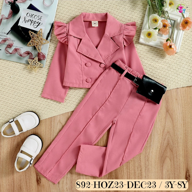 Girl Blazer Suit Long Sleeve Ruffle Button Jacket Blazers Tops High Waist Casual Pants with Belt Bag