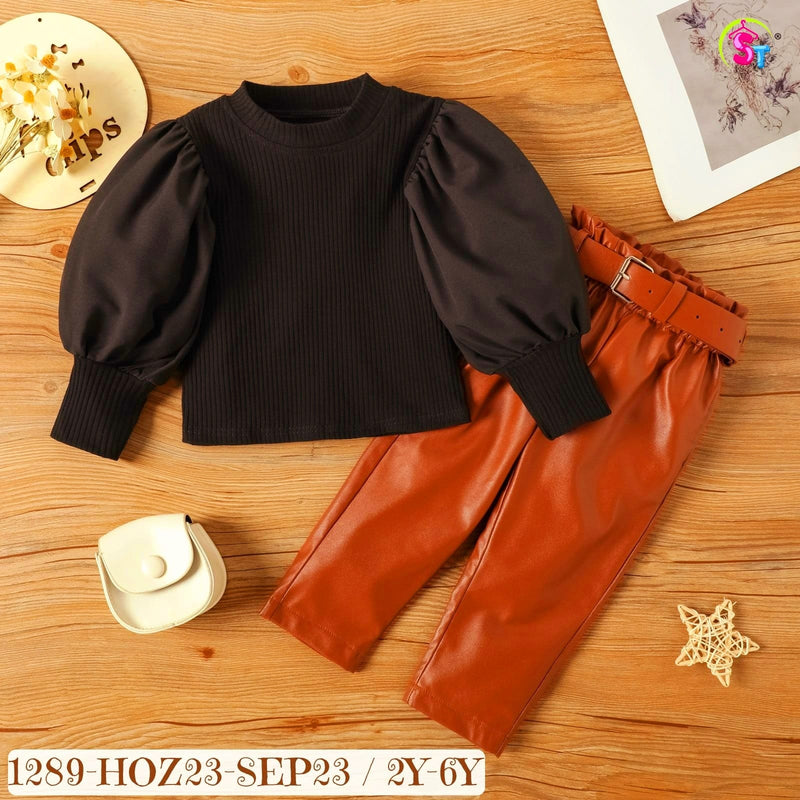 Girls Cute Western Outfits Mesh Lace Puff Sleeve Rib T Shirt Pu Leather Pants Belted Fall Winter Clothes