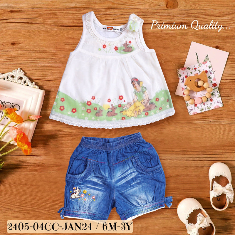 Cute and comfortable Girls white frock top & denim shorts western party and casual wear dress