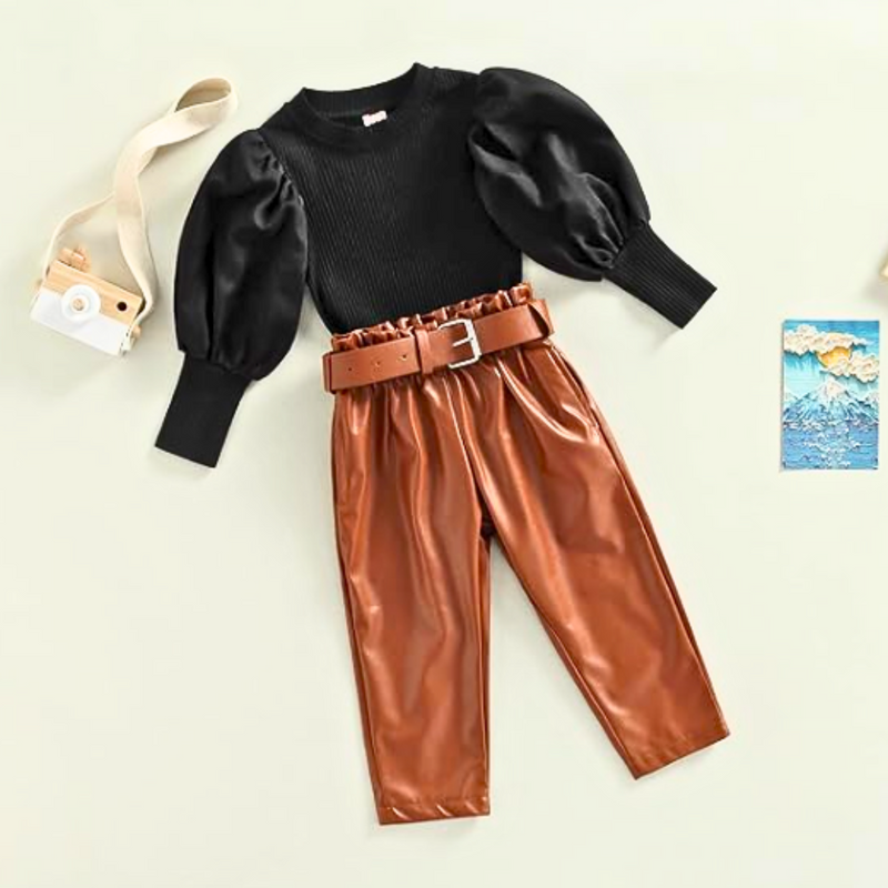 Girls Cute Western Outfits Mesh Lace Puff Sleeve Rib T Shirt Pu Leather Pants Belted Fall Winter Clothes