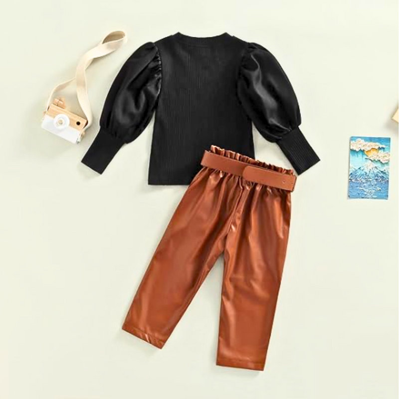 Girls Cute Western Outfits Mesh Lace Puff Sleeve Rib T Shirt Pu Leather Pants Belted Fall Winter Clothes