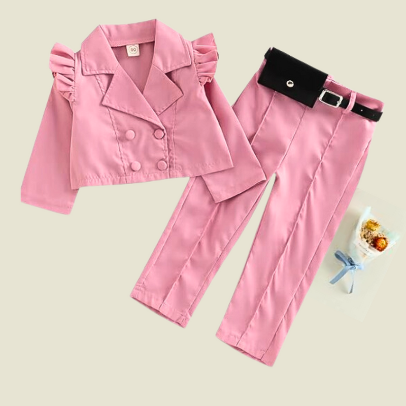 Girl Blazer Suit Long Sleeve Ruffle Button Jacket Blazers Tops High Waist Casual Pants with Belt Bag