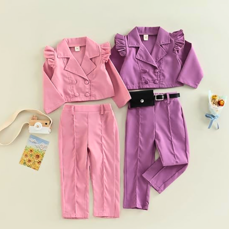 Girl Blazer Suit Long Sleeve Ruffle Button Jacket Blazers Tops High Waist Casual Pants with Belt Bag