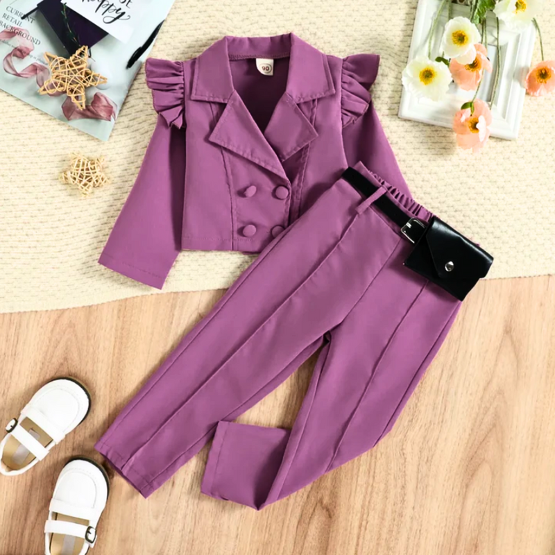 Girl Blazer Suit Long Sleeve Ruffle Button Jacket Blazers Tops High Waist Casual Pants with Belt Bag