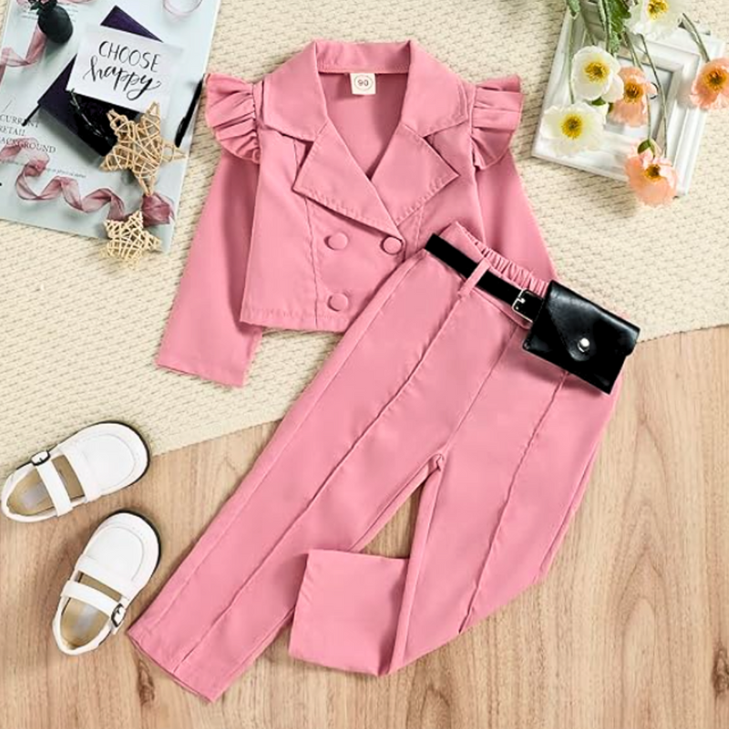 Girl Blazer Suit Long Sleeve Ruffle Button Jacket Blazers Tops High Waist Casual Pants with Belt Bag