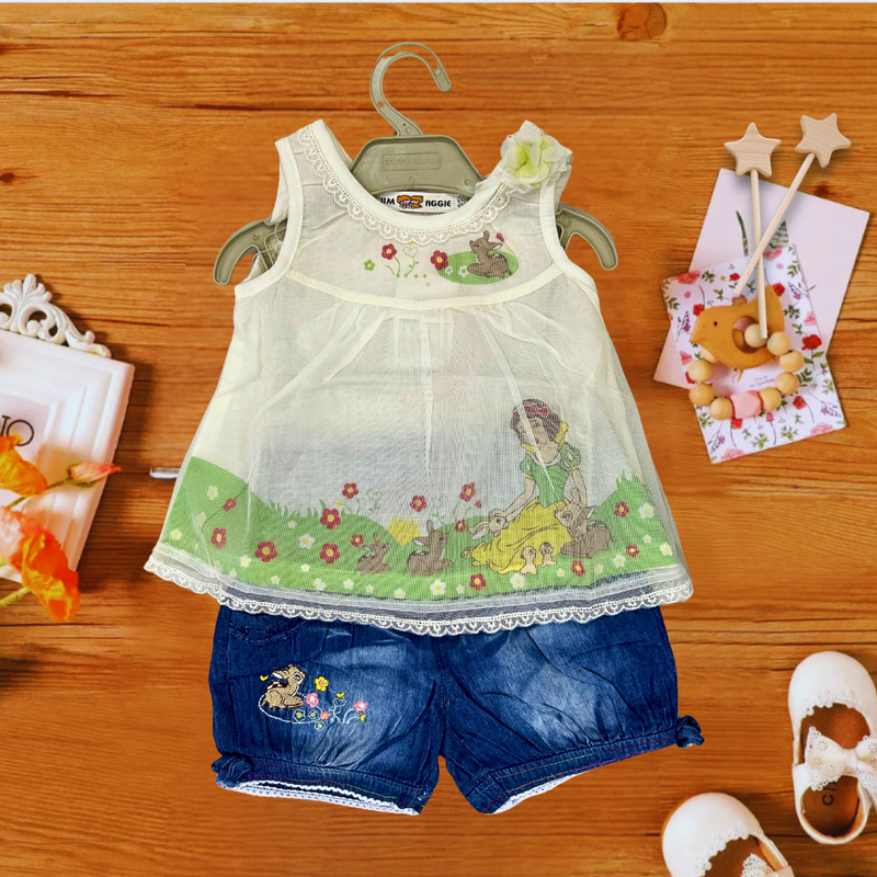 Cute and comfortable Girls white frock top & denim shorts western party and casual wear dress