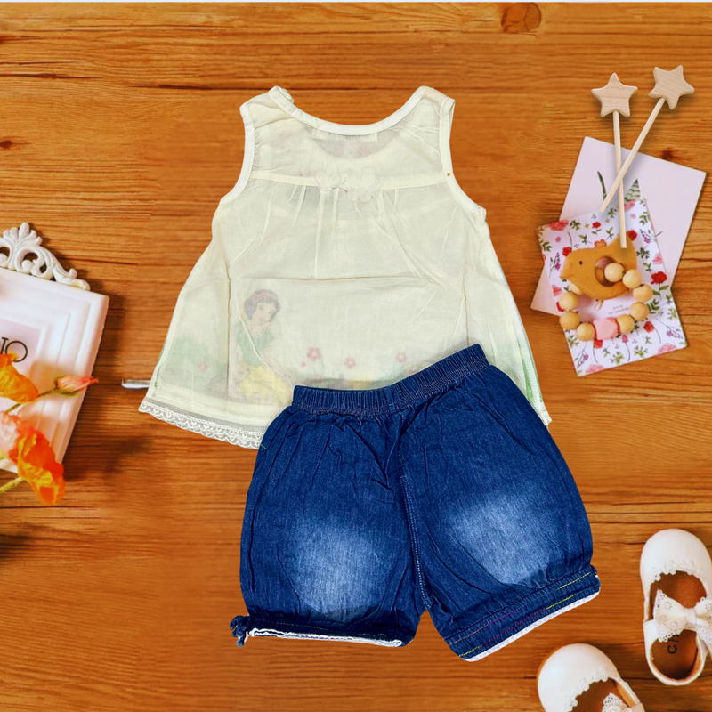 Cute and comfortable Girls white frock top & denim shorts western party and casual wear dress