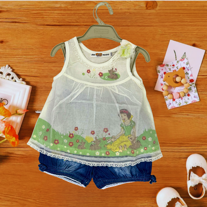 Cute and comfortable Girls white frock top & denim shorts western party and casual wear dress