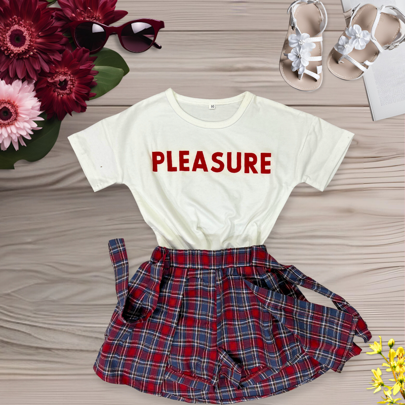 Girls Top Bottom Set Summer Girls Plaid Pleated Skirt White Letter Print Short Sleeve T-Shirt Top with Bow Skirt Outfits Clothes Set for Beach Vacation Little Girl's T-Shirt and Shorts