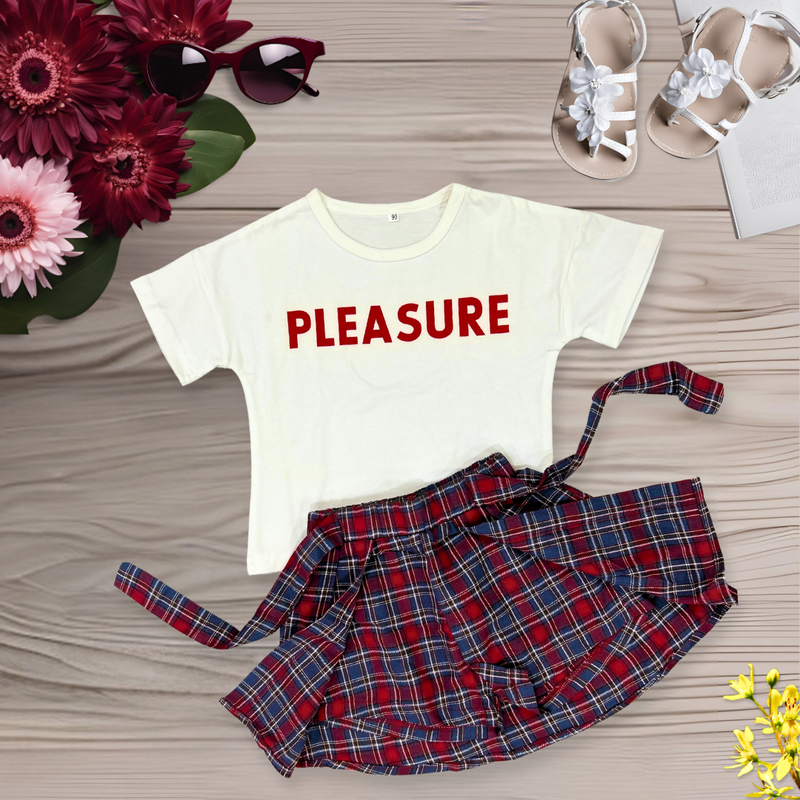 Girls Top Bottom Set Summer Girls Plaid Pleated Skirt White Letter Print Short Sleeve T-Shirt Top with Bow Skirt Outfits Clothes Set for Beach Vacation Little Girl's T-Shirt and Shorts