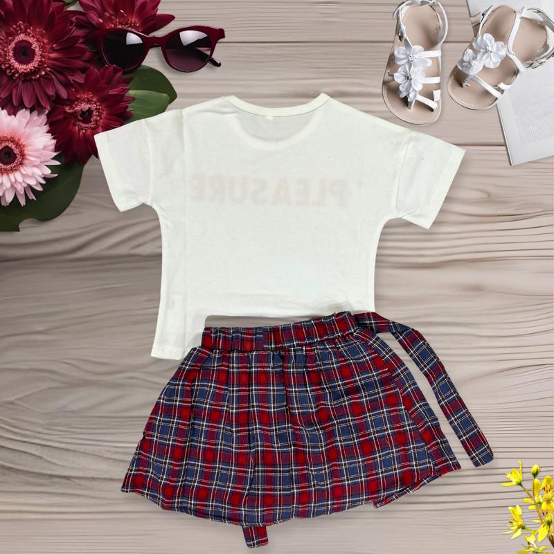 Girls Top Bottom Set Summer Girls Plaid Pleated Skirt White Letter Print Short Sleeve T-Shirt Top with Bow Skirt Outfits Clothes Set for Beach Vacation Little Girl's T-Shirt and Shorts