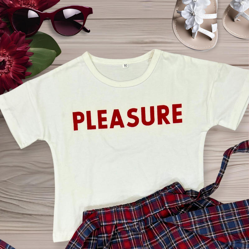 Girls Top Bottom Set Summer Girls Plaid Pleated Skirt White Letter Print Short Sleeve T-Shirt Top with Bow Skirt Outfits Clothes Set for Beach Vacation Little Girl's T-Shirt and Shorts