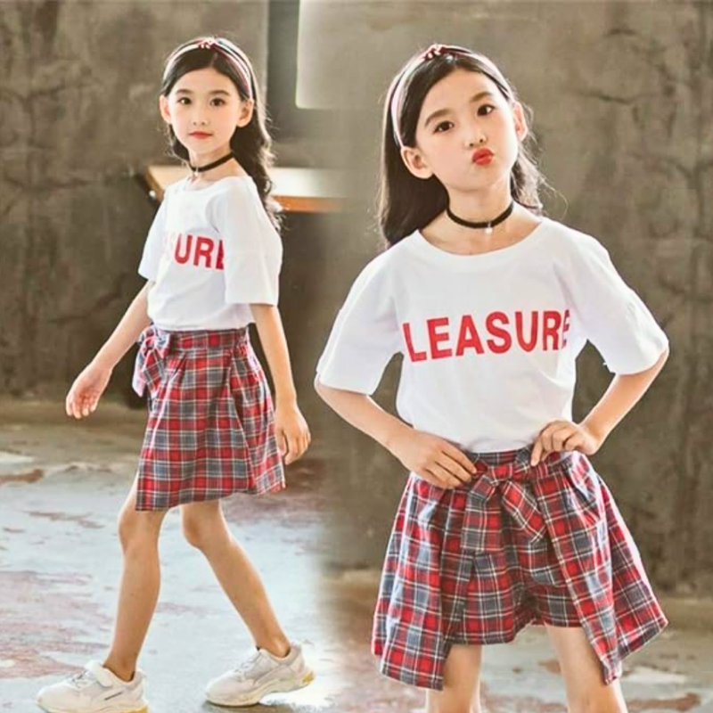 Girls Top Bottom Set Summer Girls Plaid Pleated Skirt White Letter Print Short Sleeve T-Shirt Top with Bow Skirt Outfits Clothes Set for Beach Vacation Little Girl's T-Shirt and Shorts