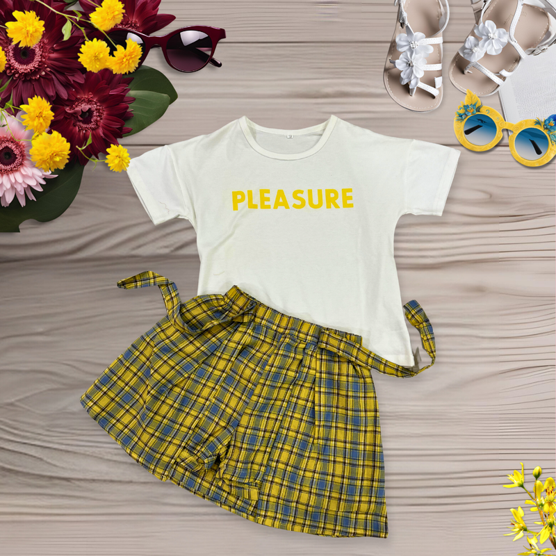 Girls Top Bottom Set Summer Girls Plaid Pleated Skirt White Letter Print Short Sleeve T-Shirt Top with Bow Skirt Outfits Clothes Set for Beach Vacation Little Girl's T-Shirt and Shorts