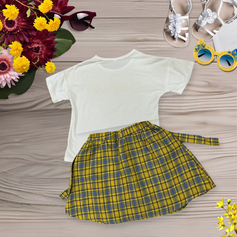 Girls Top Bottom Set Summer Girls Plaid Pleated Skirt White Letter Print Short Sleeve T-Shirt Top with Bow Skirt Outfits Clothes Set for Beach Vacation Little Girl's T-Shirt and Shorts