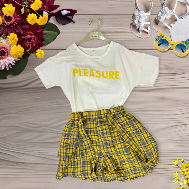 Girls Top Bottom Set Summer Girls Plaid Pleated Skirt White Letter Print Short Sleeve T-Shirt Top with Bow Skirt Outfits Clothes Set for Beach Vacation Little Girl's T-Shirt and Shorts