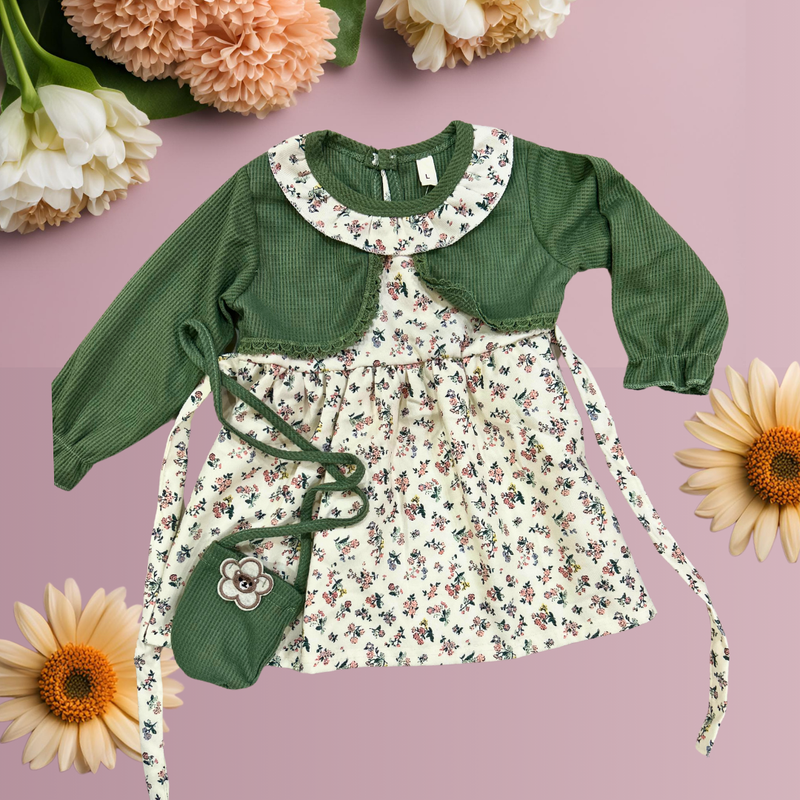 Little angels flower girl dress with green and white texture and a cute little pocket hanging bag