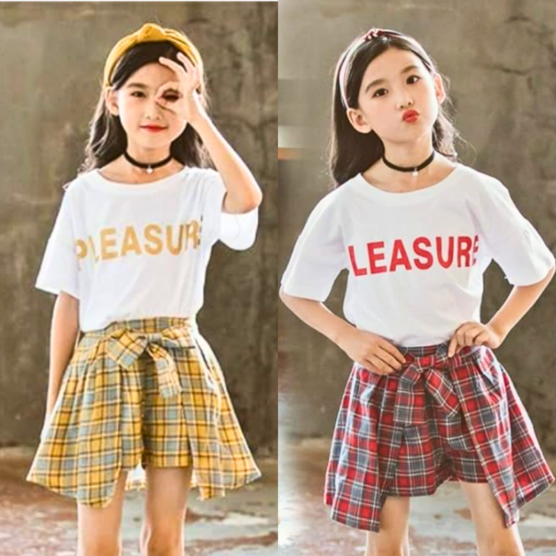 Girls Top Bottom Set Summer Girls Plaid Pleated Skirt White Letter Print Short Sleeve T-Shirt Top with Bow Skirt Outfits Clothes Set for Beach Vacation Little Girl's T-Shirt and Shorts